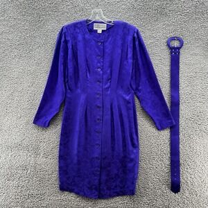 VTG 80s Pat Argenti Dress Womens 4 Purple Silk Midi Pleated Belted Shirtdress
